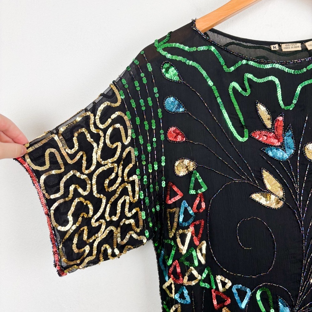 Vintage 80s Sequin Embroidered Silk Top Sz M - Picture 4 of 7